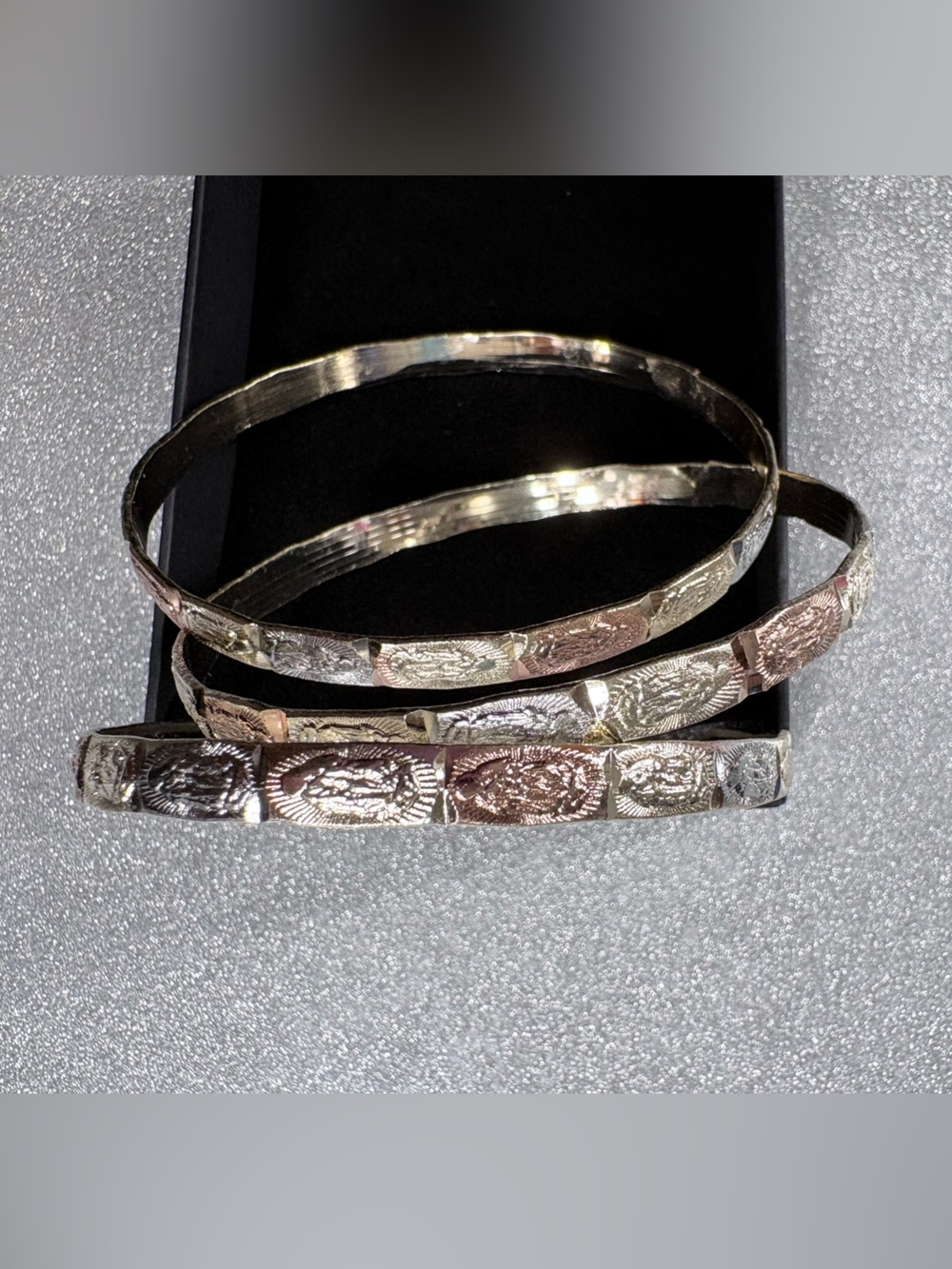 Tri-Tone Engraved Women's Bangle Bracelet Set - Silver, Rose Gold, Gold
